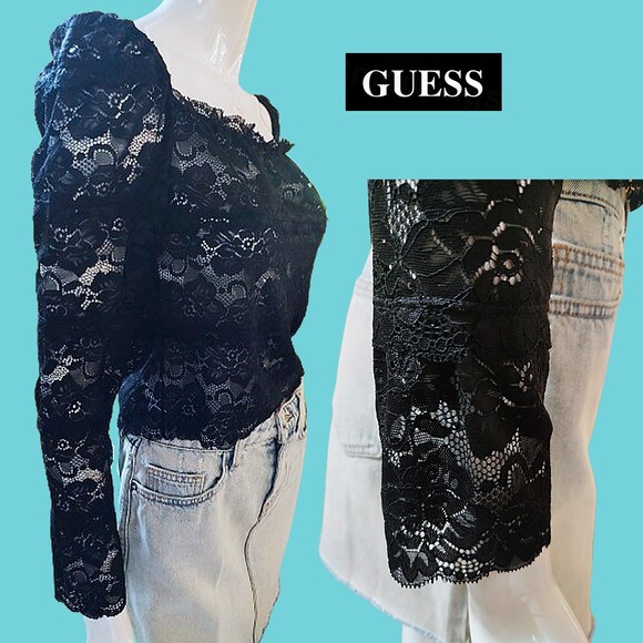 GUESS NEW Romantic Allover Lace Scallop Off-Shoulders Crop Top L - Picture 6 of 12